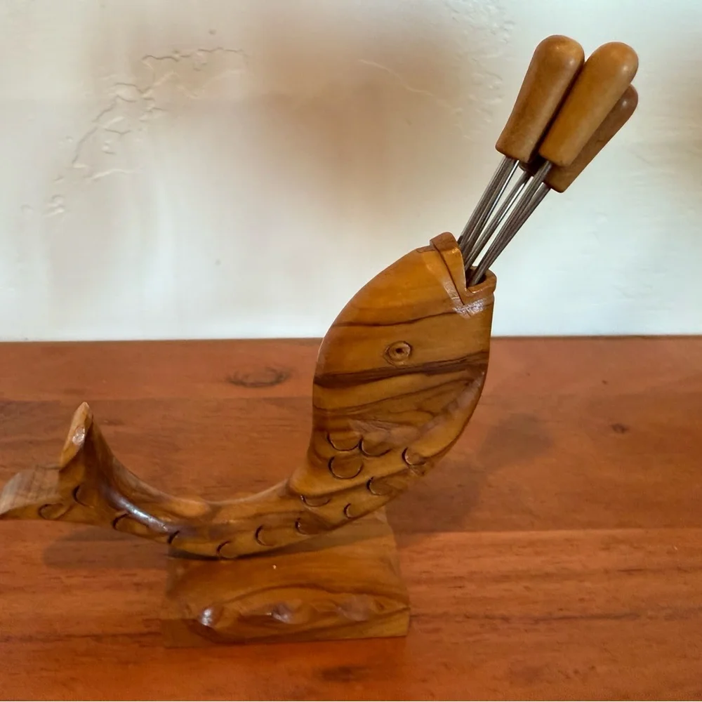Wooden Whale fish Holder cocktail hors serving fork picker set‎ of 5
